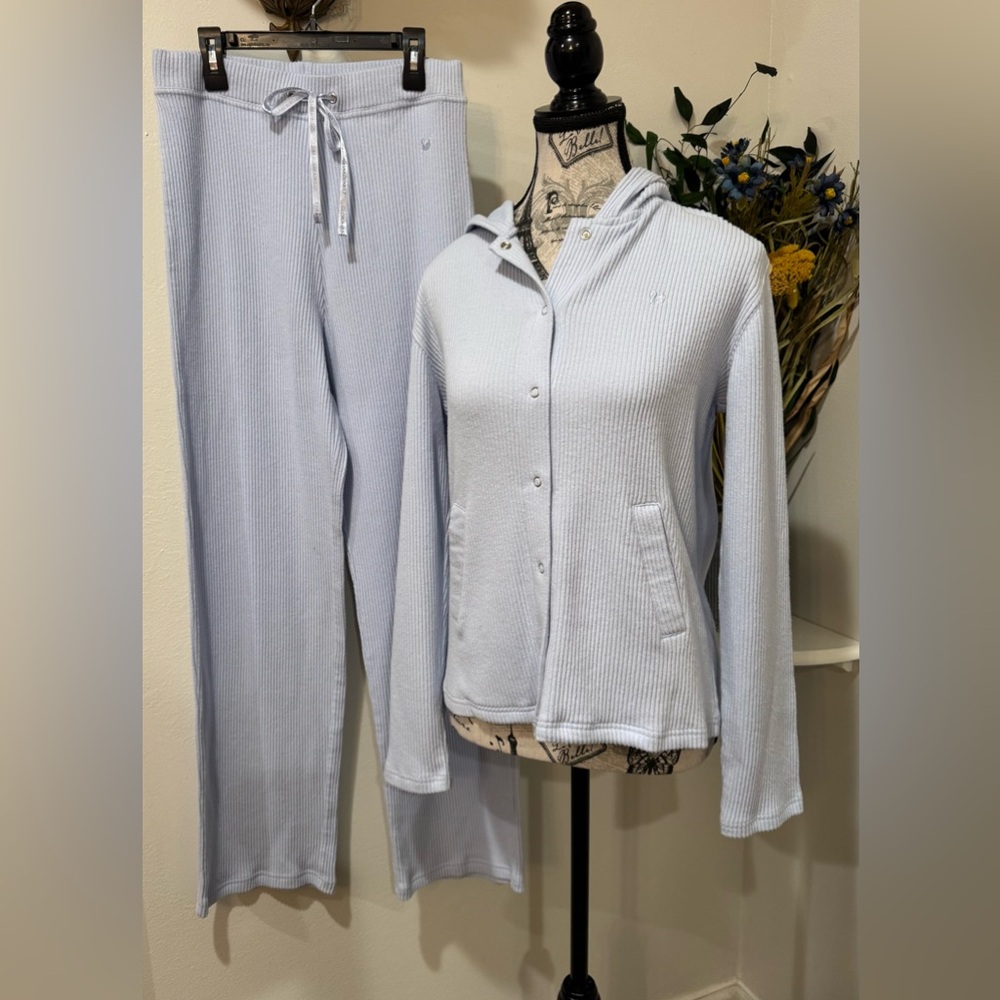 Gloria Vanderbilt Light Periwinkle Ribbed Hooded Pajama Set- EUC